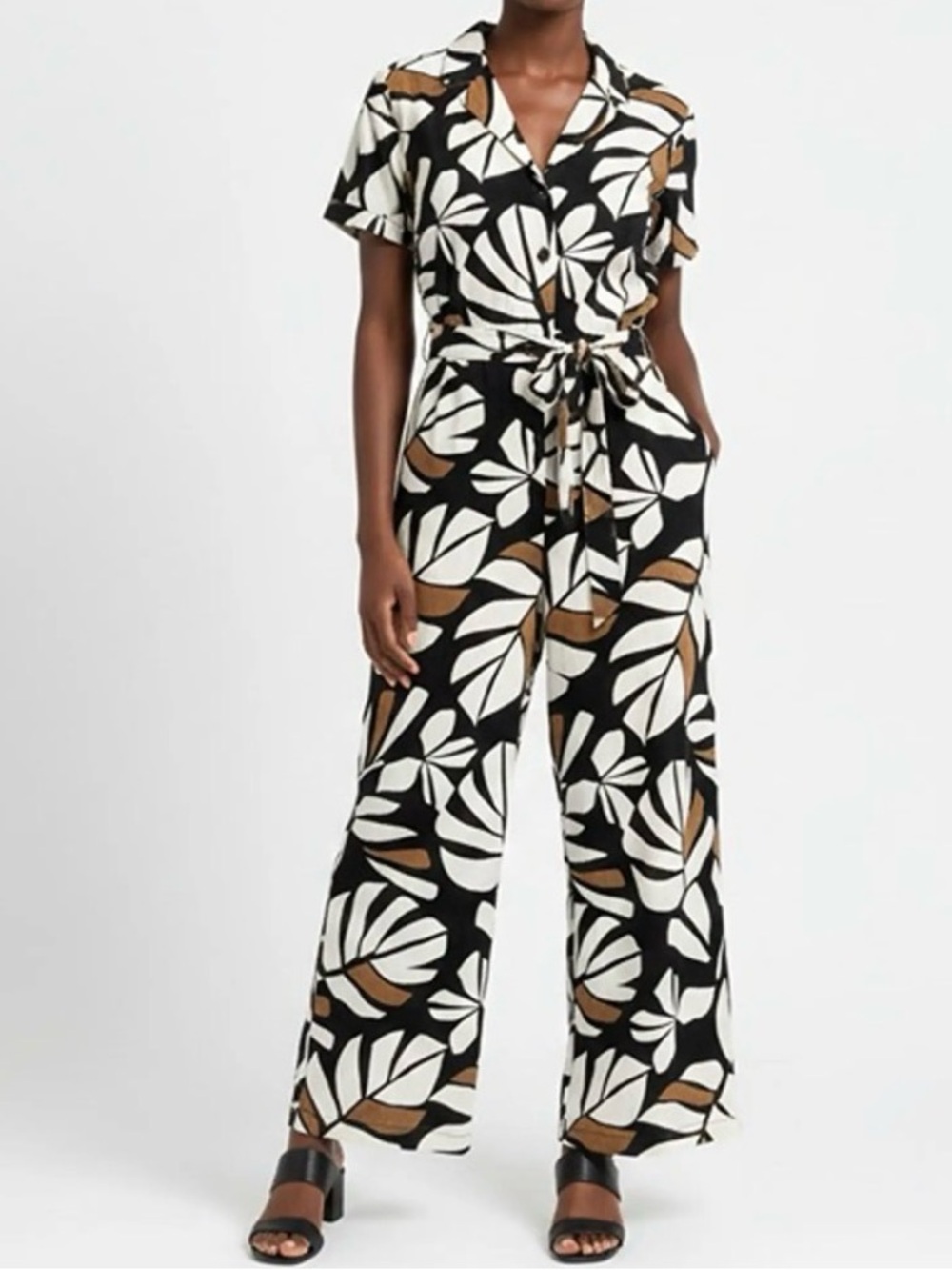 Tabitha Brown 100% Cotton Palm Leaf Black White Brown Wide-Leg Belt Jumpsuit L